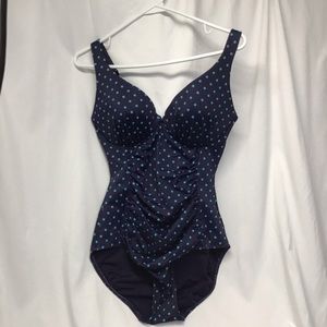 Spanx swimsuit one piece rouched sides navy blue with teal polka dots size 12